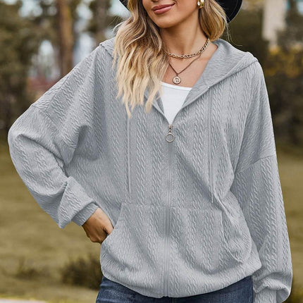 Drawstring Zip Up Dropped Shoulder Hoodie - MimiStylez