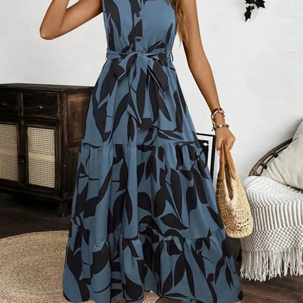 Printed Tie Waist Sleeveless Maxi Dress - MimiStylez