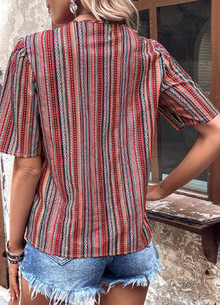 Printed V-Neck Button-Up Short Sleeve Top - MimiStylez