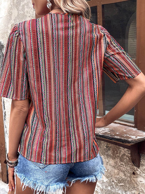 Printed V-Neck Button-Up Short Sleeve Top - MimiStylez