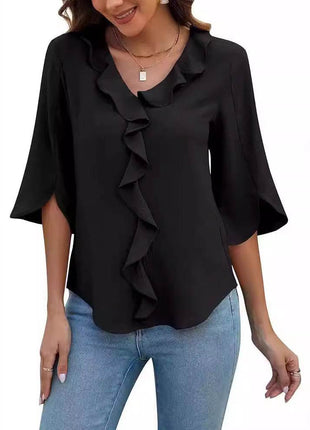 Loose V-neck Flounce Shirt - MimiStylez