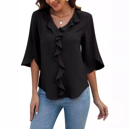Loose V-neck Flounce Shirt - MimiStylez