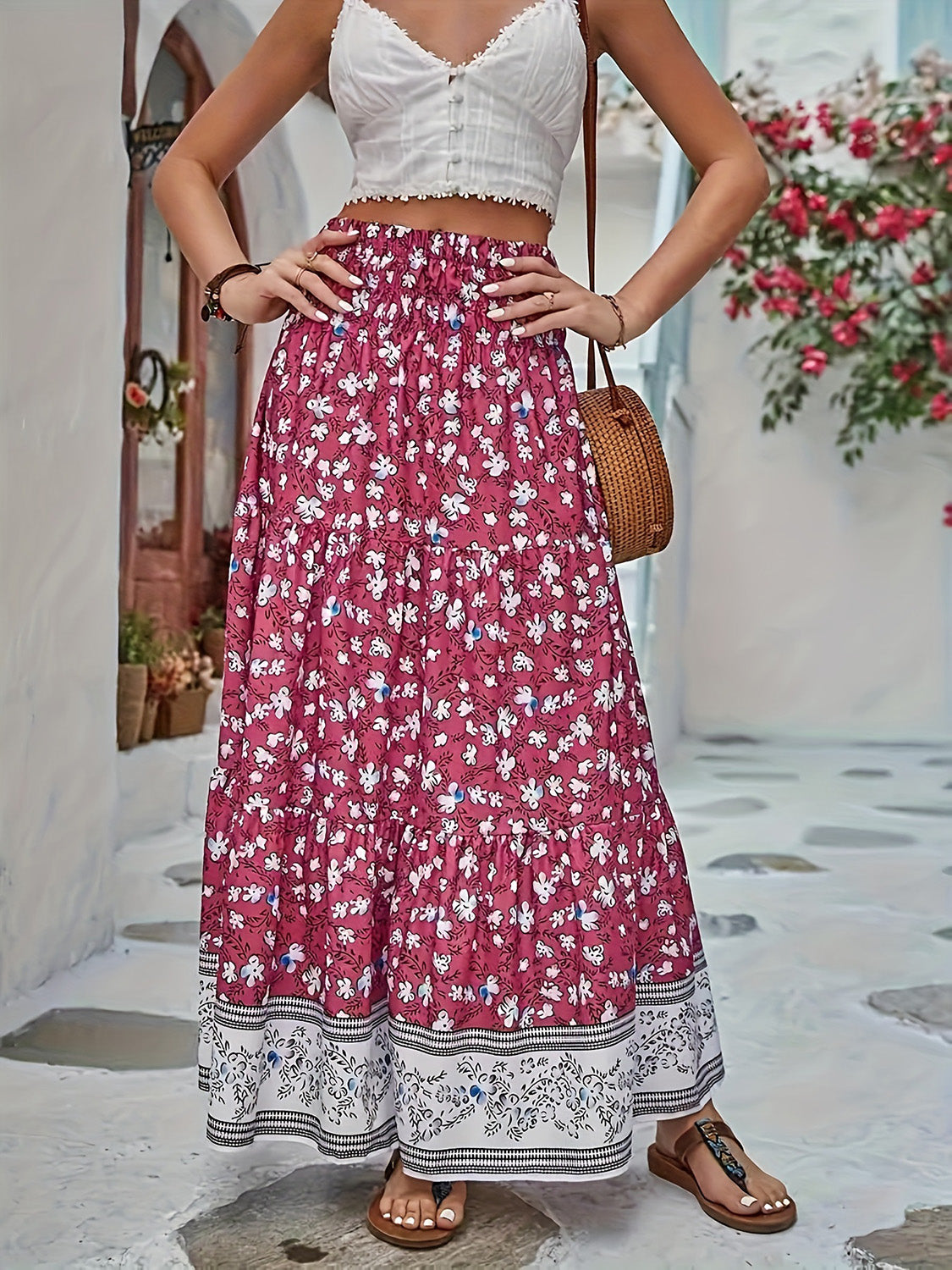 Full Size Tiered Printed Elastic Waist Skirt