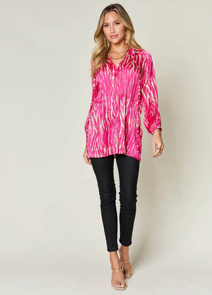 Double Take Full Size Printed Button Up Long Sleeve Shirt - MimiStylez