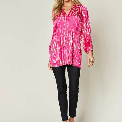 Double Take Full Size Printed Button Up Long Sleeve Shirt - MimiStylez