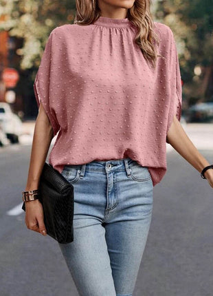 Swiss Dot Mock Neck Half Sleeve Blouse - MimiStylez