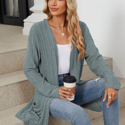 Pocketed Open Front Long Sleeve Cardigan - MimiStylez
