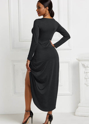 High-low Ruched Surplice Long Sleeve Dress - MimiStylez
