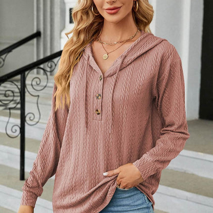Drawstring Half Button Long Sleeve Hoodie - MimiStylez