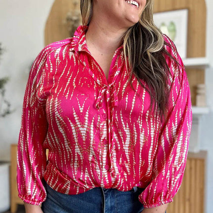 Double Take Full Size Printed Button Up Long Sleeve Shirt - MimiStylez