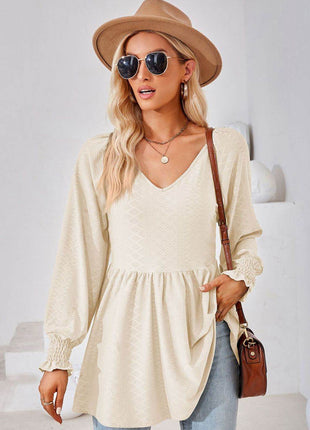 V-Neck Lantern Sleeve Blouse - MimiStylez