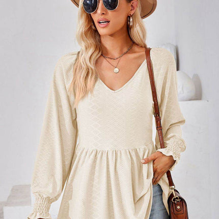 V-Neck Lantern Sleeve Blouse - MimiStylez
