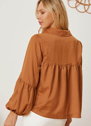 Balloon Sleeve Collared Neck Blouse - MimiStylez