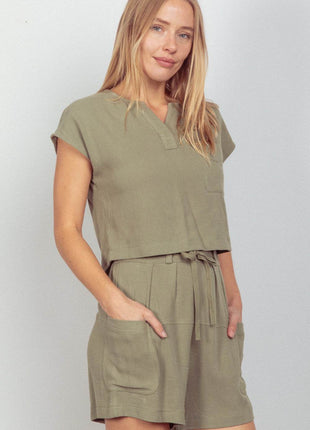 VERY J Woven Cropped Top & Waist Tie Shorts Set - MimiStylez