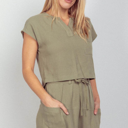 VERY J Woven Cropped Top & Waist Tie Shorts Set - MimiStylez