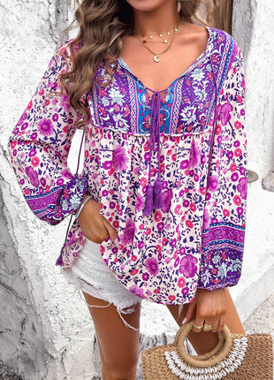 Printed Tie Neck Long Sleeve Blouse - MimiStylez
