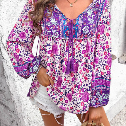 Printed Tie Neck Long Sleeve Blouse - MimiStylez