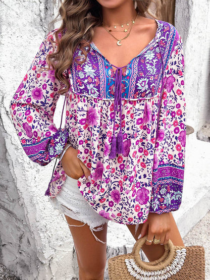 Printed Tie Neck Long Sleeve Blouse - MimiStylez