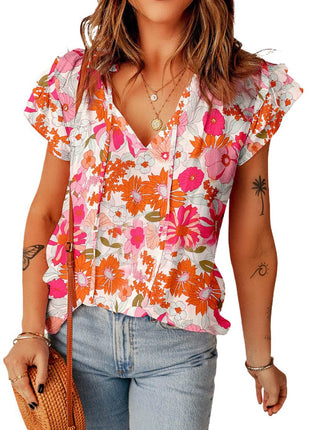 Floral Tie Neck Flutter Sleeve Blouse - MimiStylez