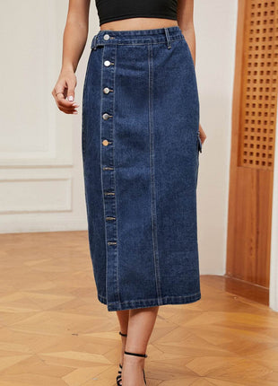 Button Down Midi Denim Skirt - MimiStylez