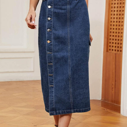 Button Down Midi Denim Skirt - MimiStylez