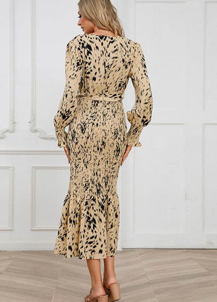 Printed V-Neck Smocked Midi Dress - MimiStylez