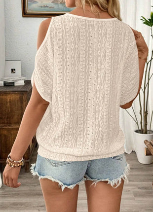 Eyelet Cold Shoulder Round Neck Blouse - MimiStylez