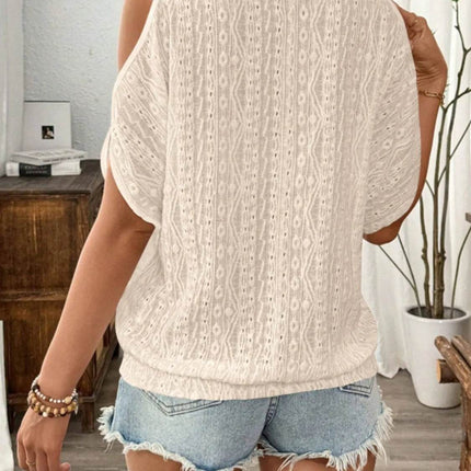 Eyelet Cold Shoulder Round Neck Blouse - MimiStylez