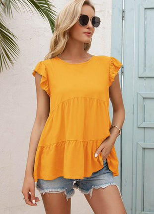 Round Neck Flutter Sleeve Tiered Blouse - MimiStylez