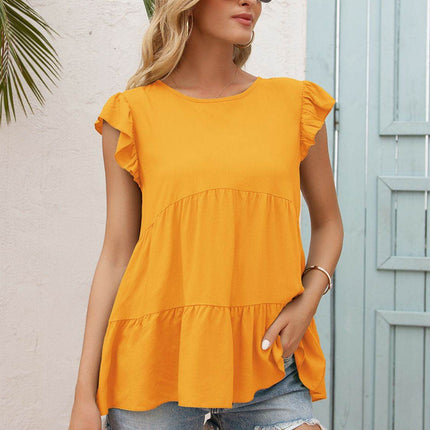 Round Neck Flutter Sleeve Tiered Blouse - MimiStylez