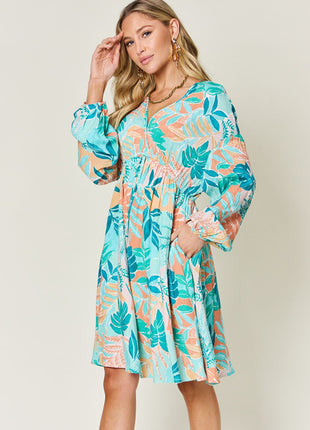 Double Take Full Size Printed V-Neck Drawstring Dress