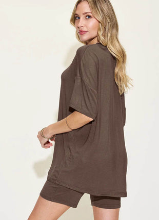 Neck Drop Shoulder T-Shirt and Shorts Set - MimiStylez