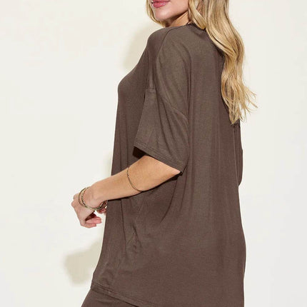 Neck Drop Shoulder T-Shirt and Shorts Set - MimiStylez