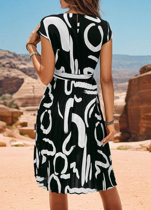 Printed Cap Sleeve Tie Waist Dress - MimiStylez