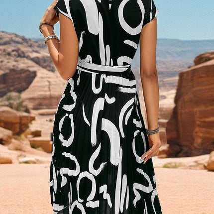 Printed Cap Sleeve Tie Waist Dress - MimiStylez