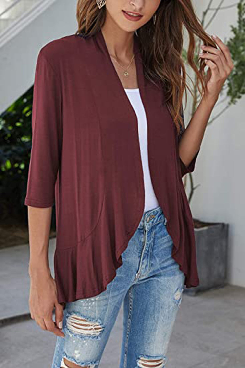 Open Front Three-Quarter Sleeve Cardigan