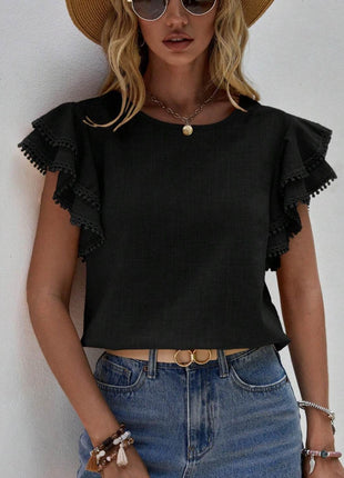 Ruffled Cap Sleeve Round Neck Blouse - MimiStylez
