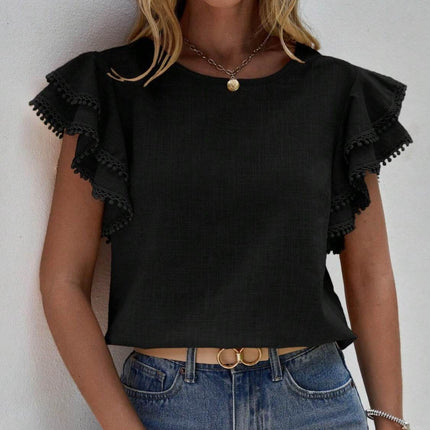 Ruffled Cap Sleeve Round Neck Blouse - MimiStylez
