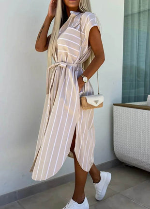 Striped Tie Waist Short Sleeve Dress - MimiStylez