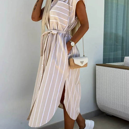 Striped Tie Waist Short Sleeve Dress - MimiStylez