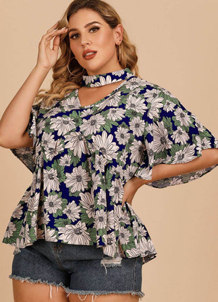 Plus Size Floral Flutter Sleeve Cutout Blouse - MimiStylez