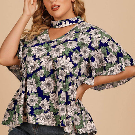 Plus Size Floral Flutter Sleeve Cutout Blouse - MimiStylez