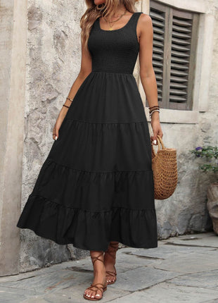 Smocked Scoop Neck Sleeveless Tank Dress - MimiStylez