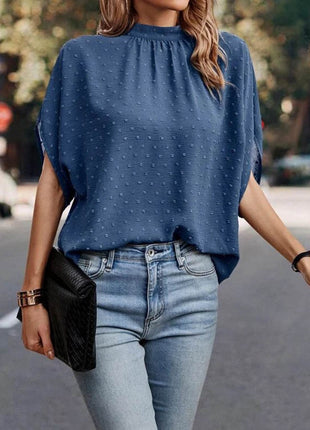 Swiss Dot Mock Neck Half Sleeve Blouse - MimiStylez