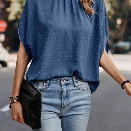 Swiss Dot Mock Neck Half Sleeve Blouse - MimiStylez