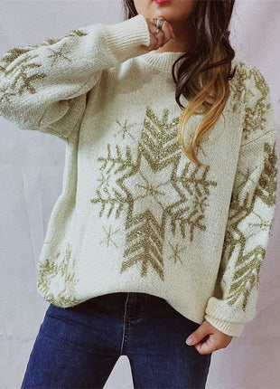 Snowflake Pattern Long Sleeve Sweater - MimiStylez