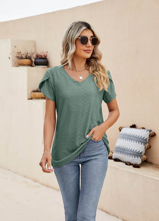 Eyelet Petal Sleeve V-Neck Knit Top - MimiStylez