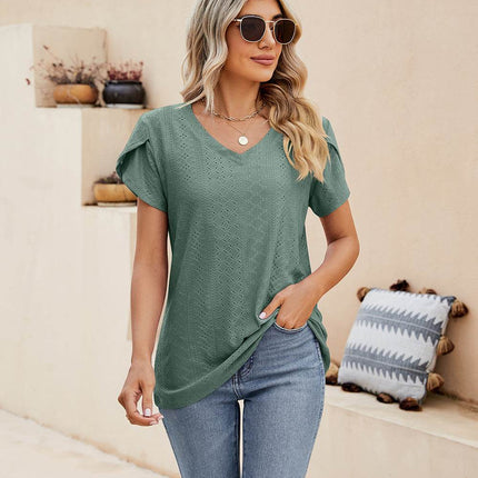 Eyelet Petal Sleeve V-Neck Knit Top - MimiStylez