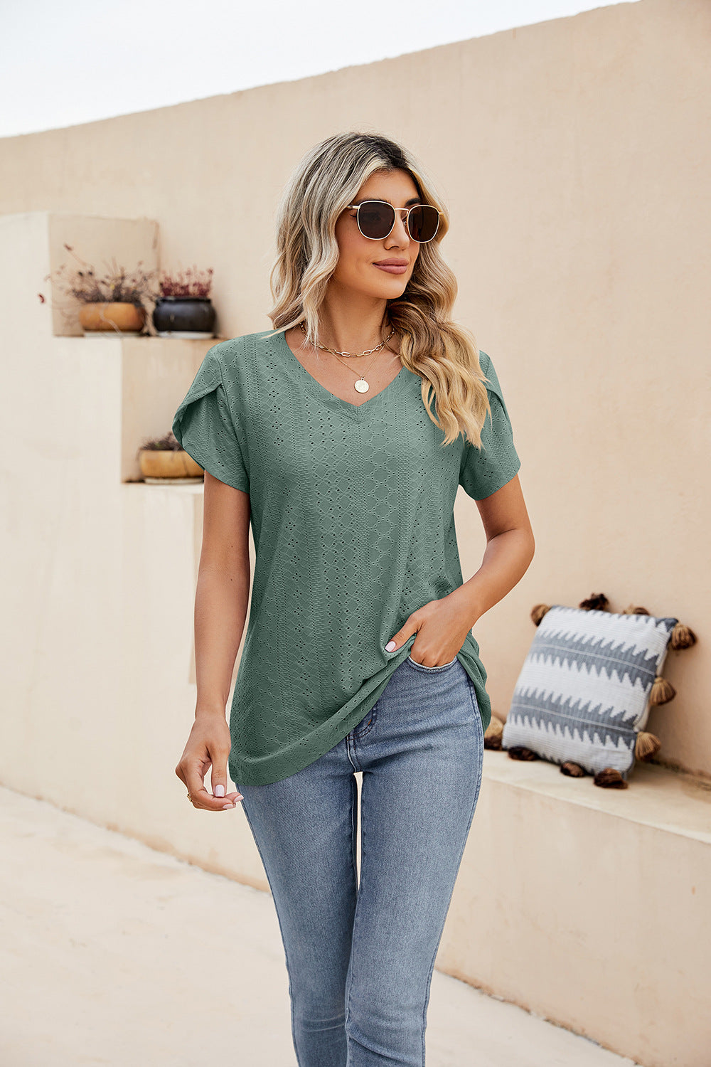 Eyelet Petal Sleeve V-Neck Knit Top