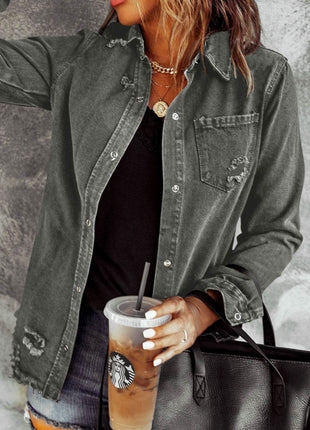 Distressed Raw Hem Snap Down Denim Jacket - MimiStylez